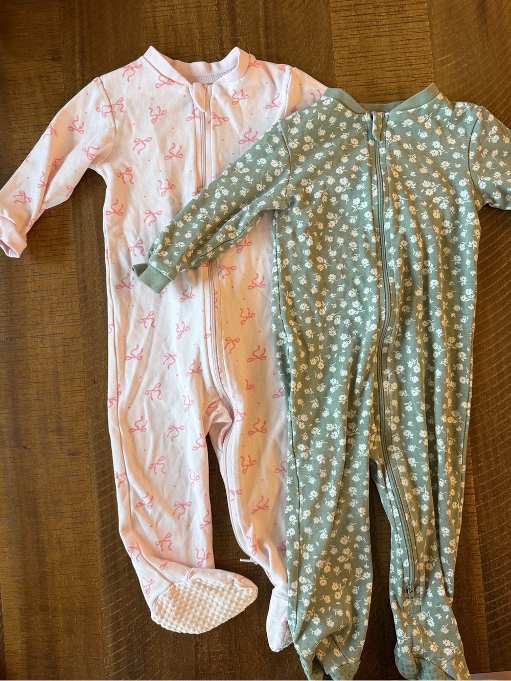 Set of 2 George Footies Size 12-18M Pink Bows and Green Floral